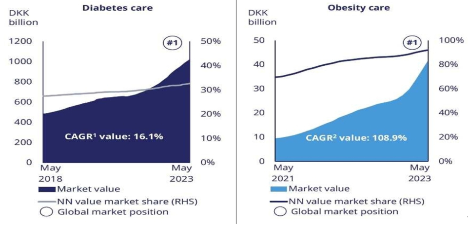 2023년 5월 기준 노보 노디스크는 당뇨치료제 시장에서 33%, 비만치료제 시장에서 92%를 차지하고 있다.(자료제공=한국바이오협회)